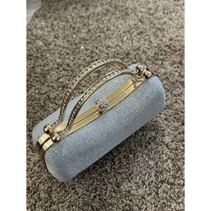 Silver Metallic Rhinestone Top Handle Clutch with Gold Chain Detachable Strap